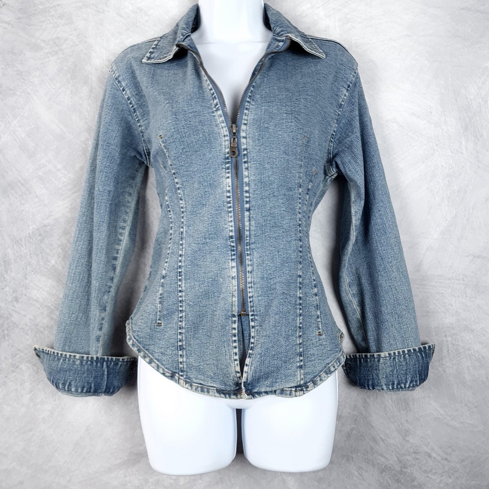 Vintage Y2K Denim Shirt Jacket Womens 8 Blue Fitted Stretch Zip Western Chic